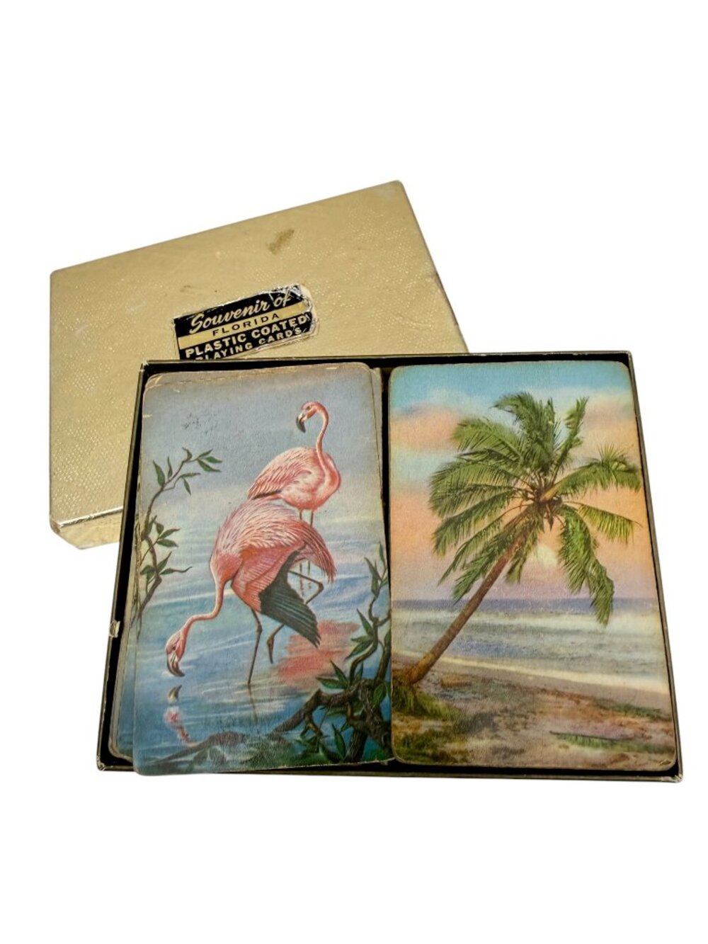 Vintage Florida Playing Cards 2 Decks Boxed Set Flamingos Palm Tree MCM